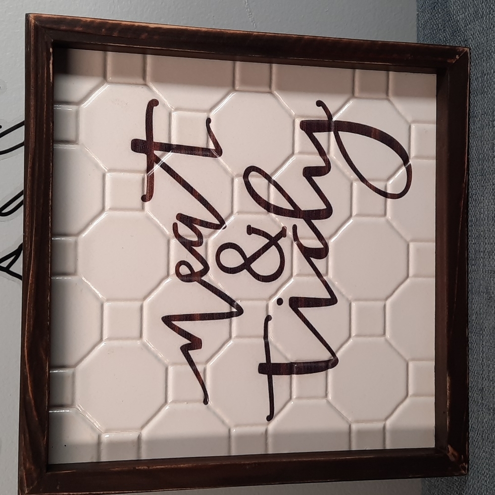 Bathroom Sign Wall Art Neat & Tidy Tile Look Wood Brown White